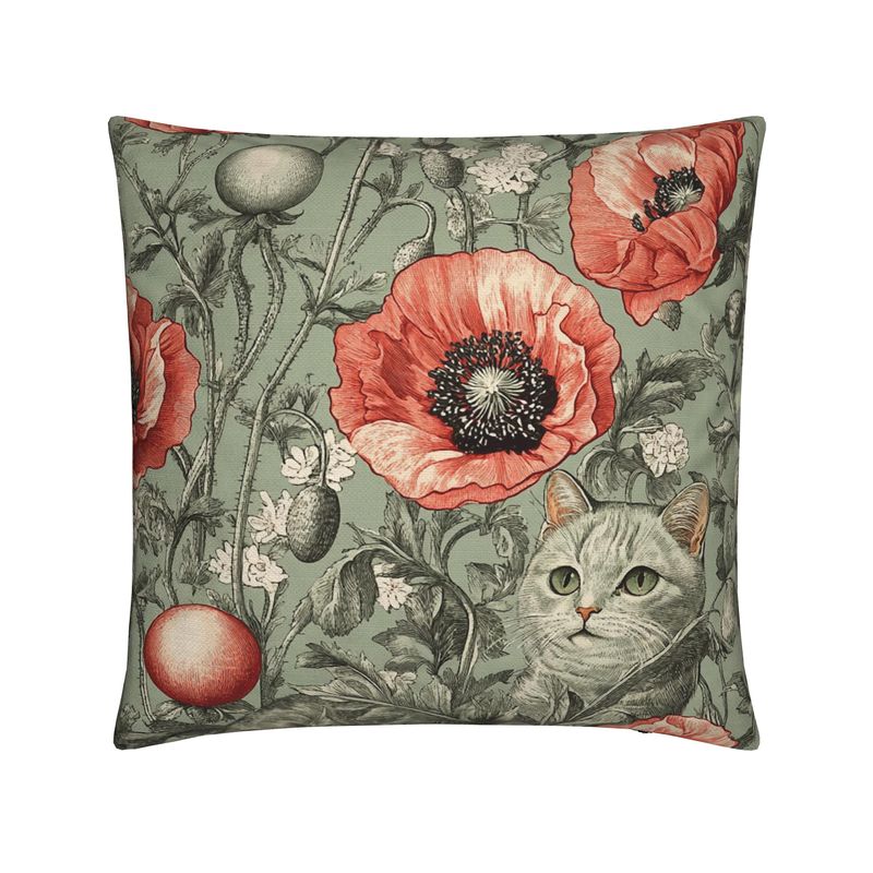 Coussin vert avec motif chat et coquelicot